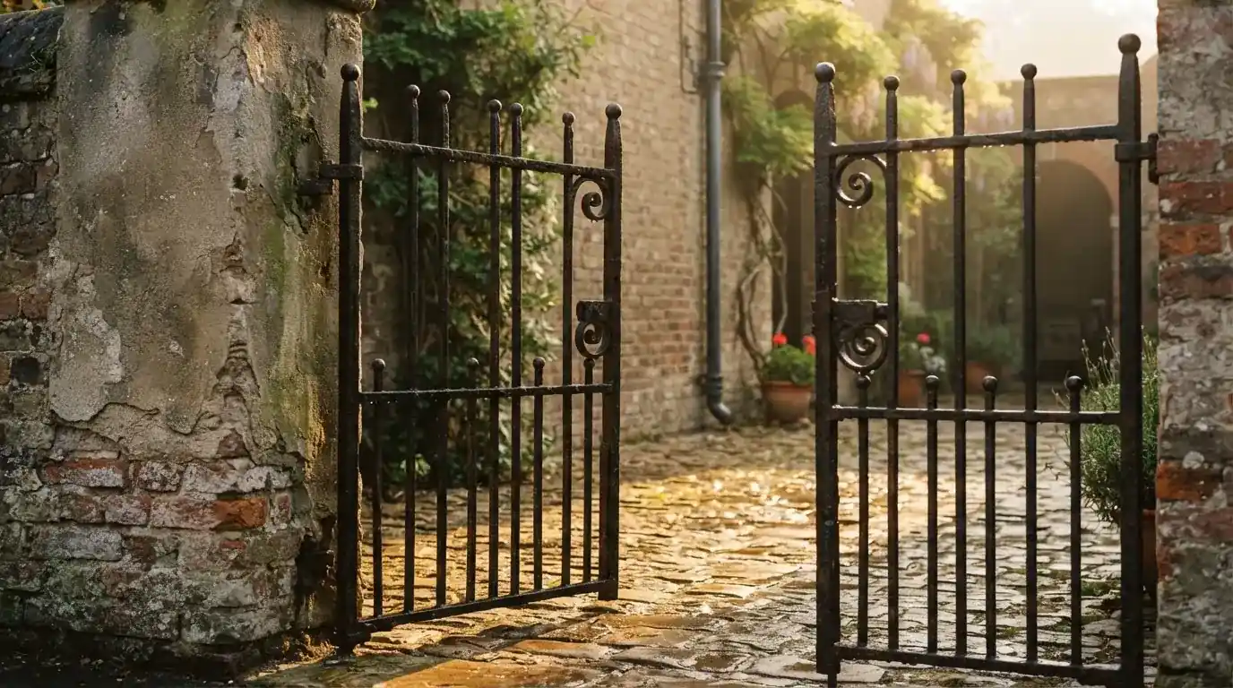 Ciężka żelazna brama uchylona na dziedziniec, poranne światło pada na kocie łby.