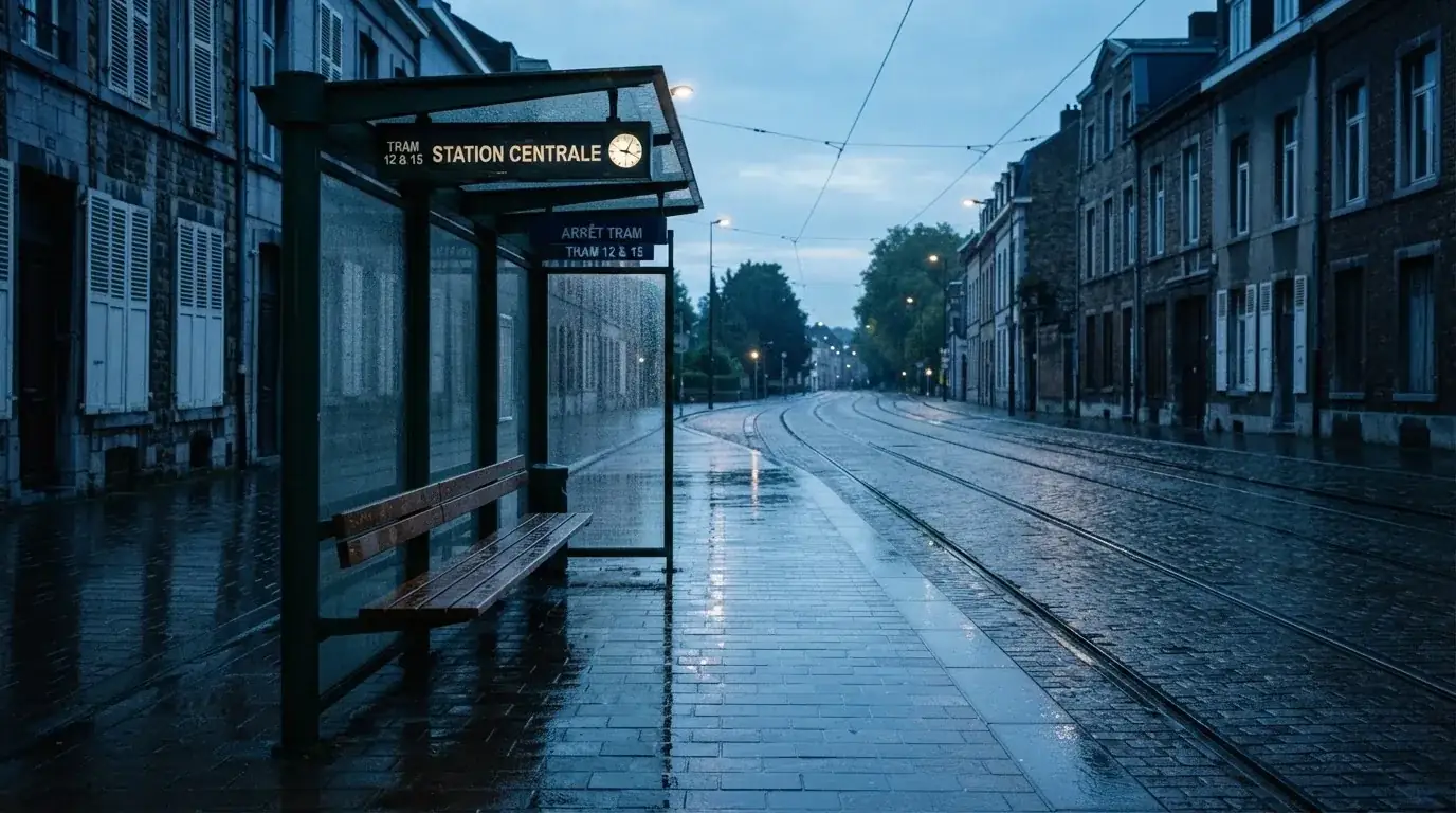Pusta wiata przystanku tramwajowego na miejskiej ulicy o świcie, pusta ławka i mokry chodnik.