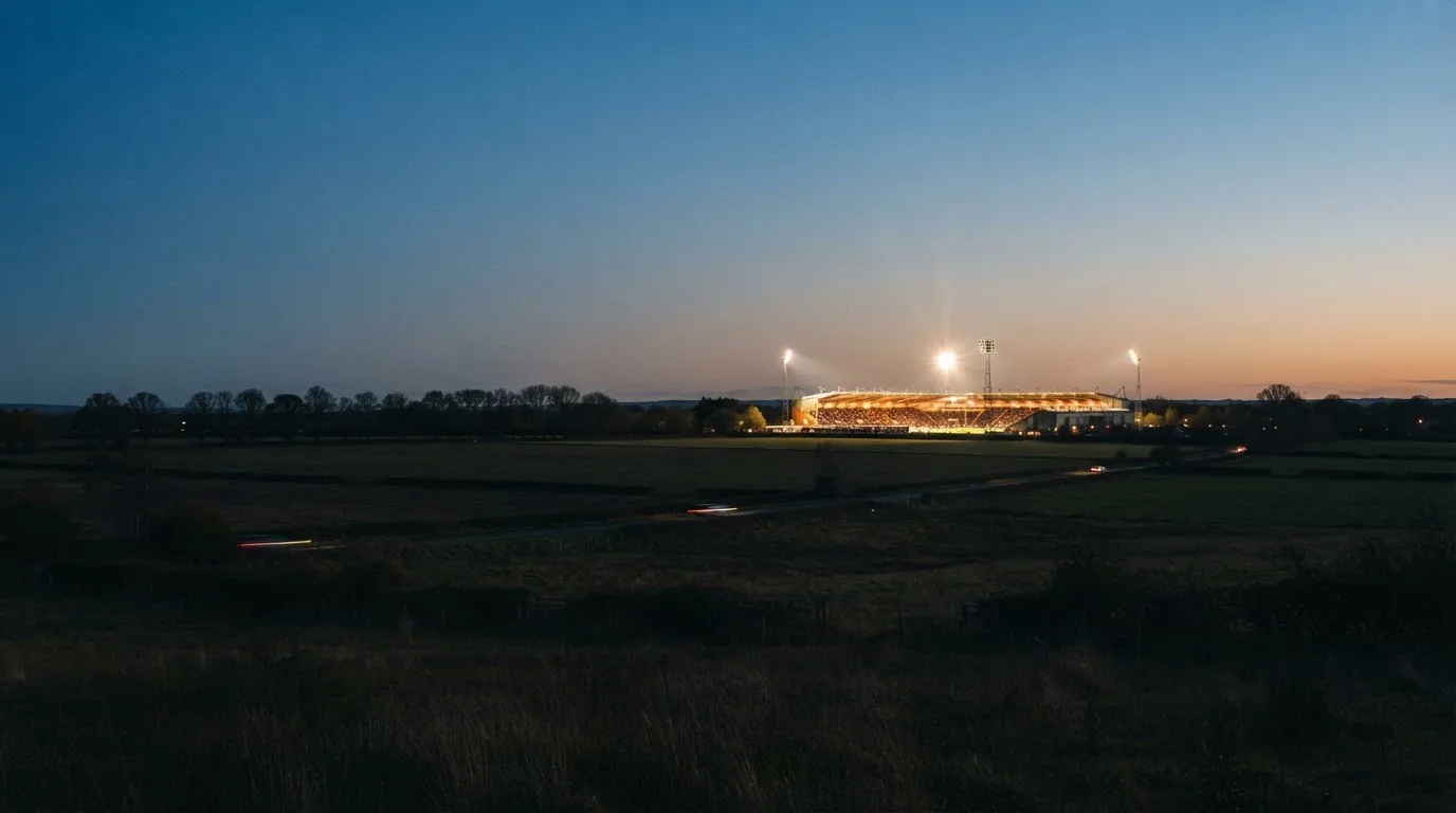 Stadion rozświetlony reflektorami widziany z daleka znad ciemnych pól w pogodny wieczór.