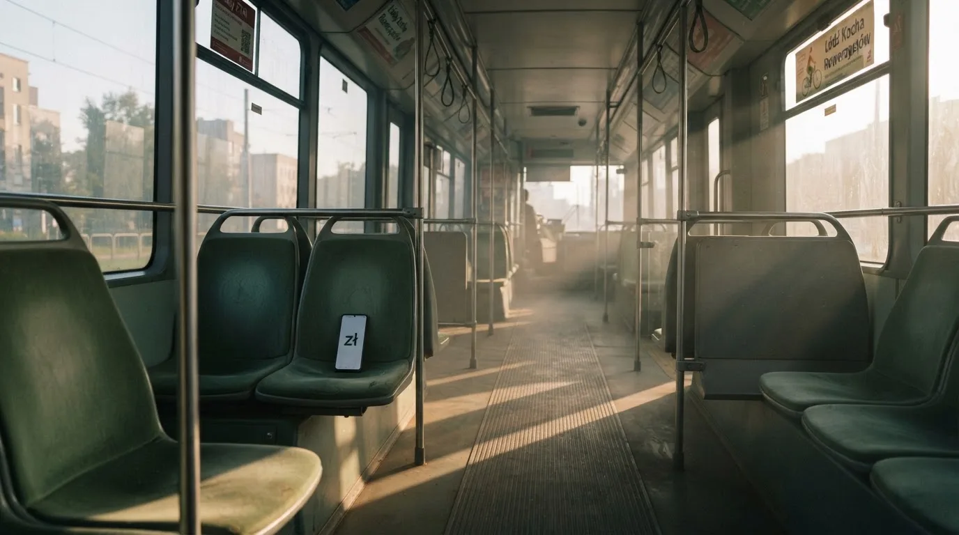 Wnętrze pustego tramwaju z rzędami siedzeń i poręczą w porannym świetle.