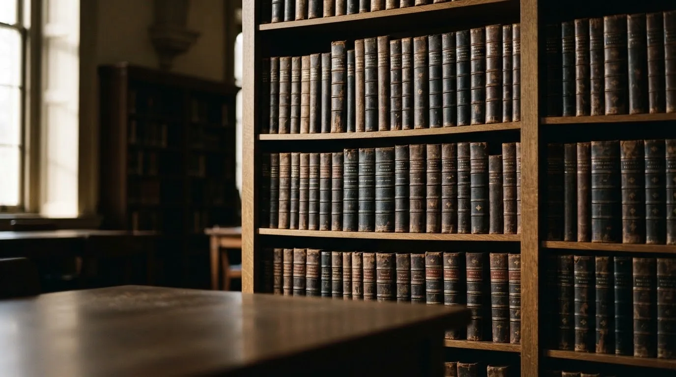 Regał z zamkniętymi książkami w skórzanych oprawach w cichej bibliotece, światło pada z boku.