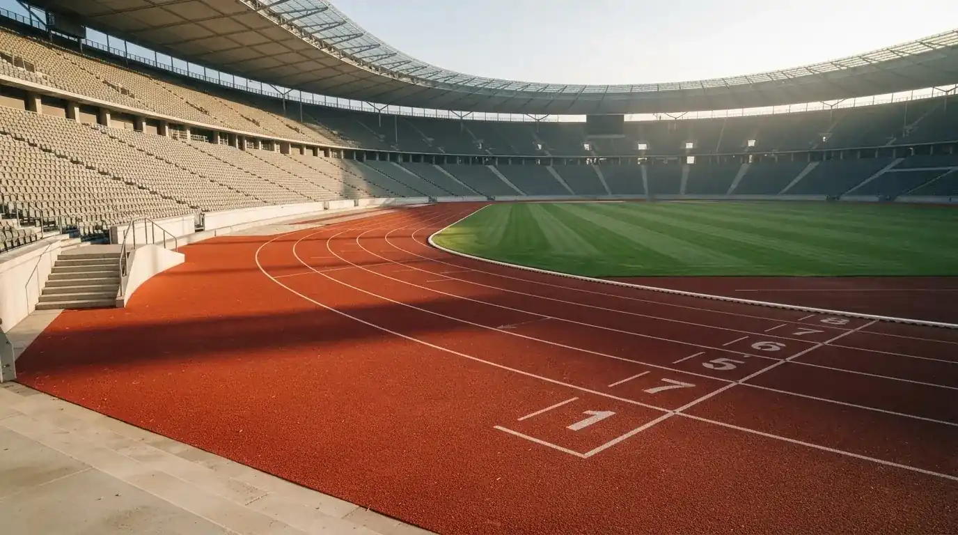 Bieżnia lekkoatletyczna wygięta w łuk pustego stadionu w porannym słońcu.