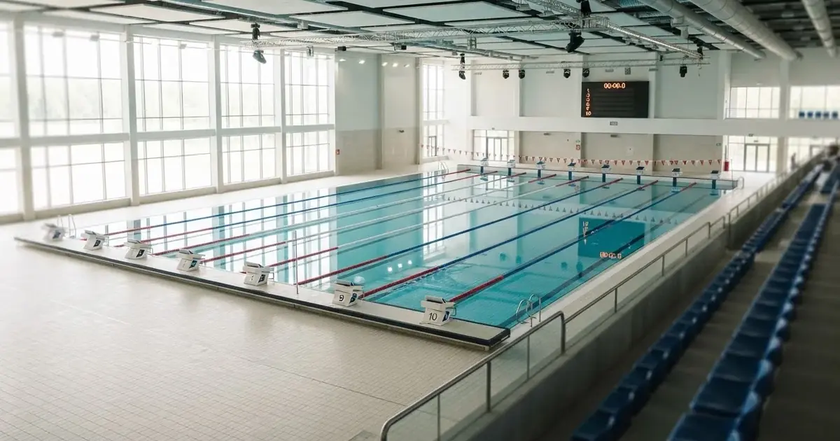 Pusty basen olimpijski z równymi torami i spokojną taflą wody, widok z trybun w jasnym świetle.