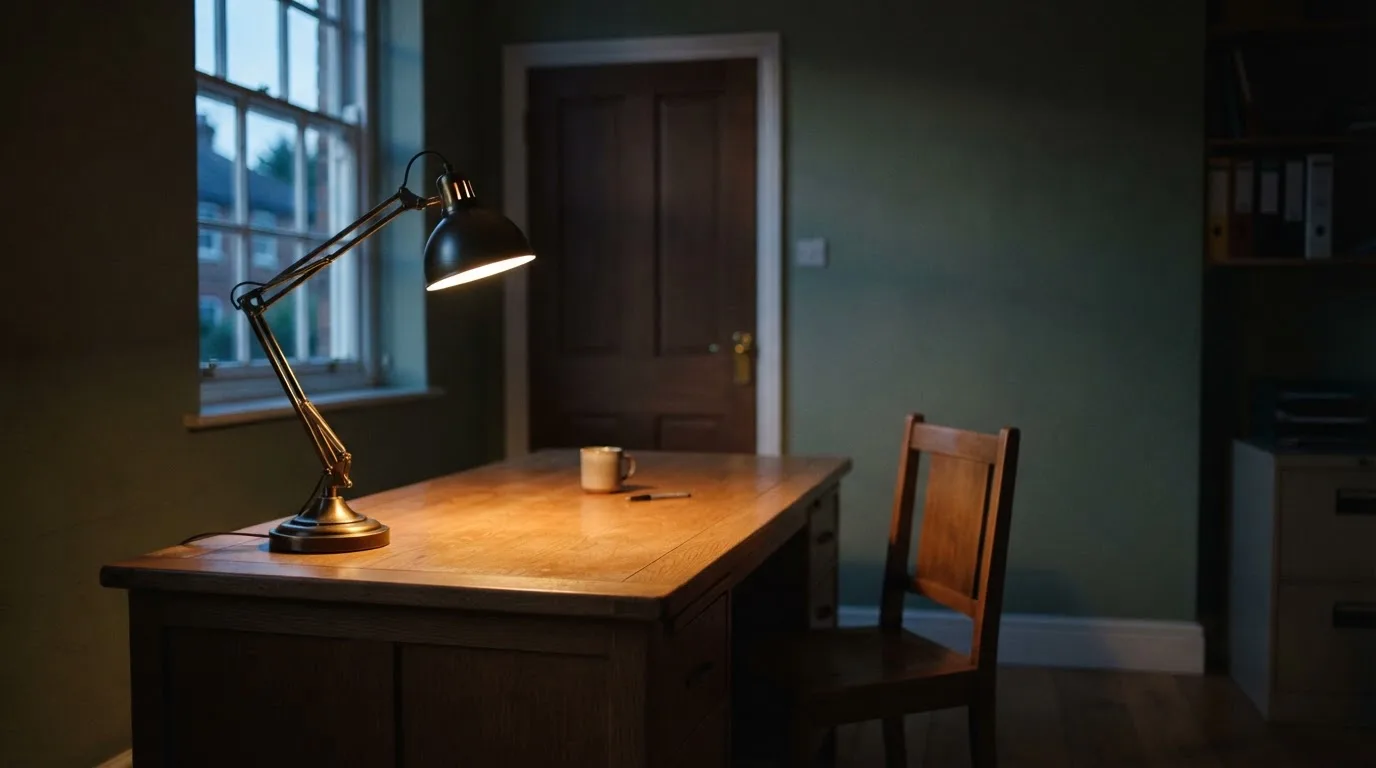 Lampa biurkowa świecąca na pustym drewnianym biurku w cichym gabinecie wieczorem, obok puste krzesło.