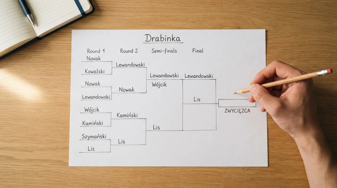 Dłoń trzymająca ołówek nad pustą kartką, na której odręcznie narysowano drabinkę rozgrywek bez opisów.
