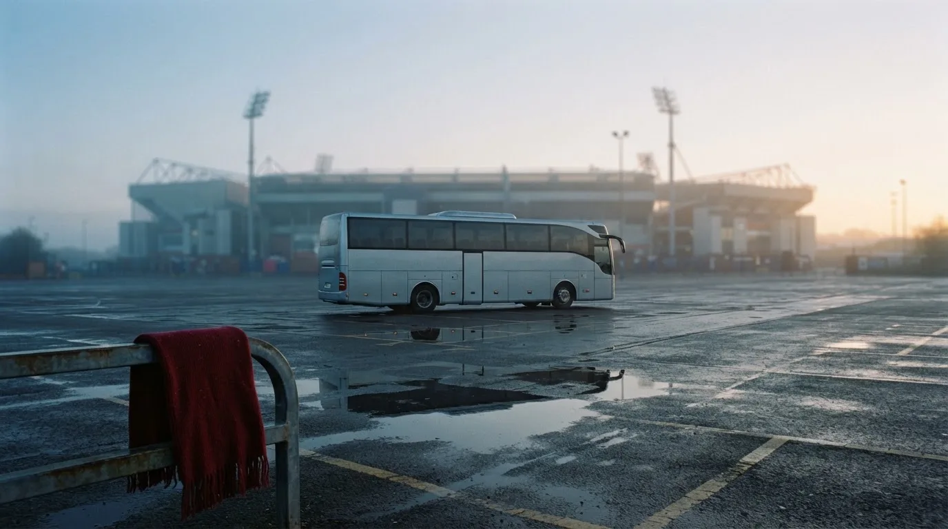 Autokar stoi na parkingu przed stadionem o świcie, rozmyte kontury trybun w tle, pusty plac i mokry asfalt.