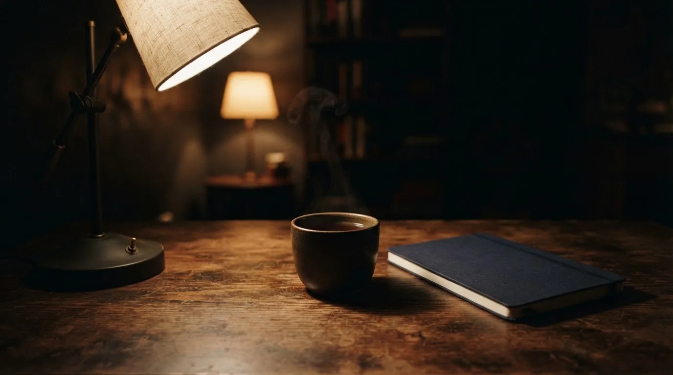 Filiżanka stygnącej herbaty i zgaszona lampka na biurku nocą, obok leży zamknięty zeszyt.